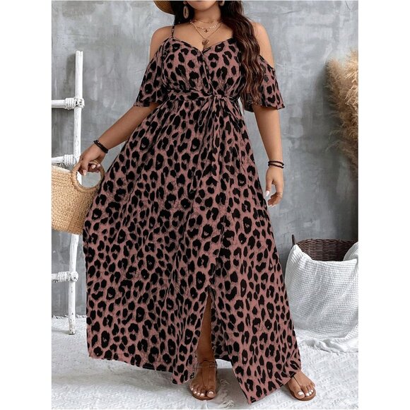 Plus Size Leopard Print Long Dress Cold Shoulder Wrap V Neck Split Thigh - Picture 4 of 6